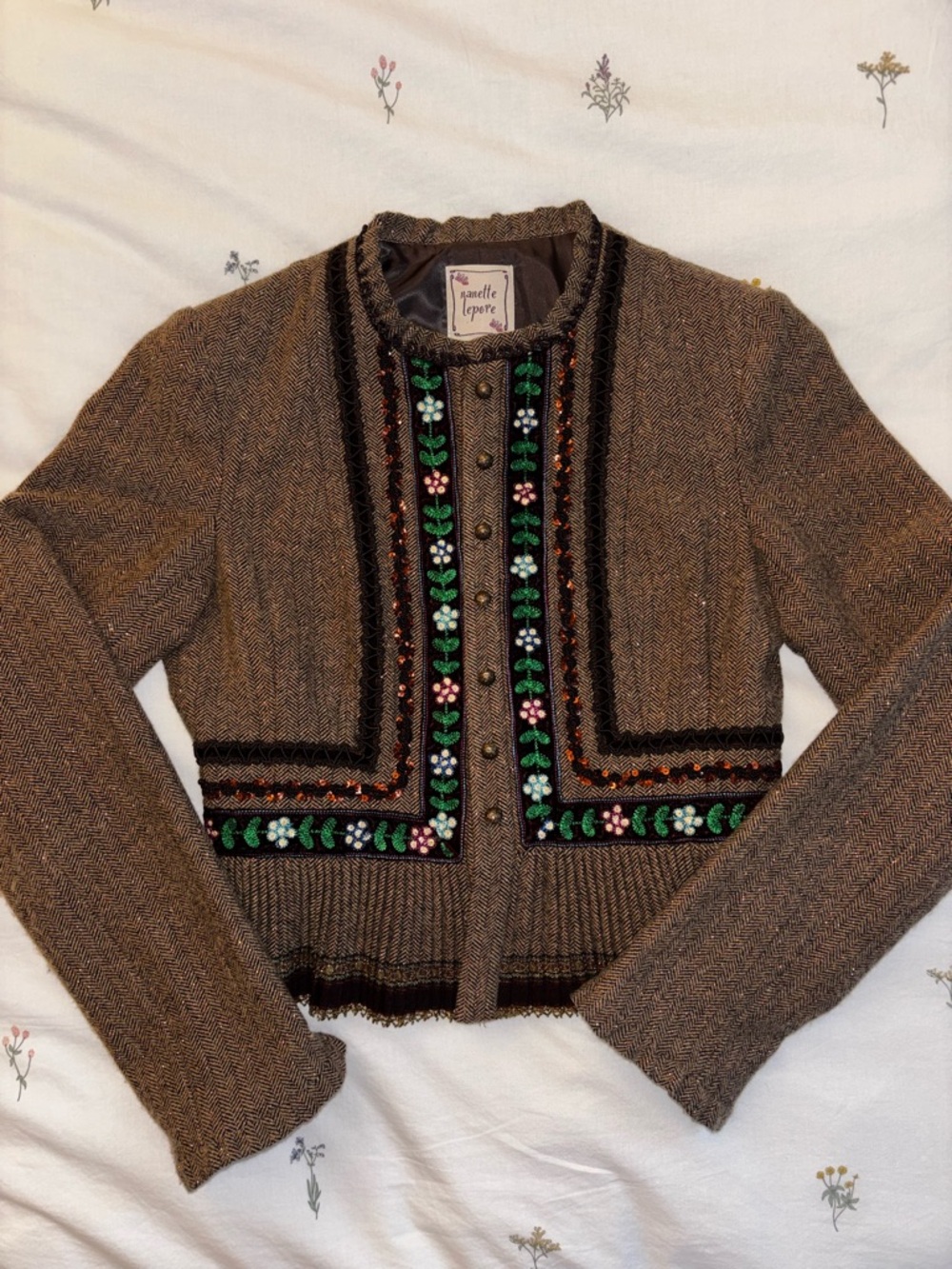 Nanette Lepore Brown Tweed Cropped Cardigan with Floral Embroidery